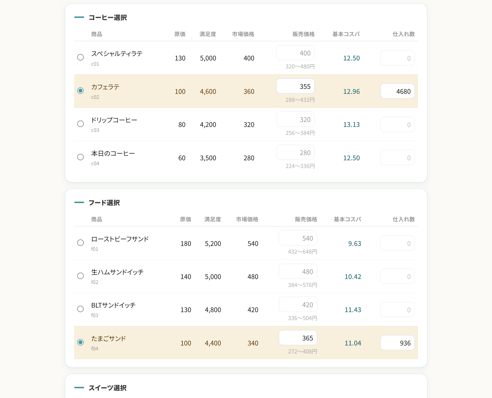 他チームの画面（PC）：意思決定入力